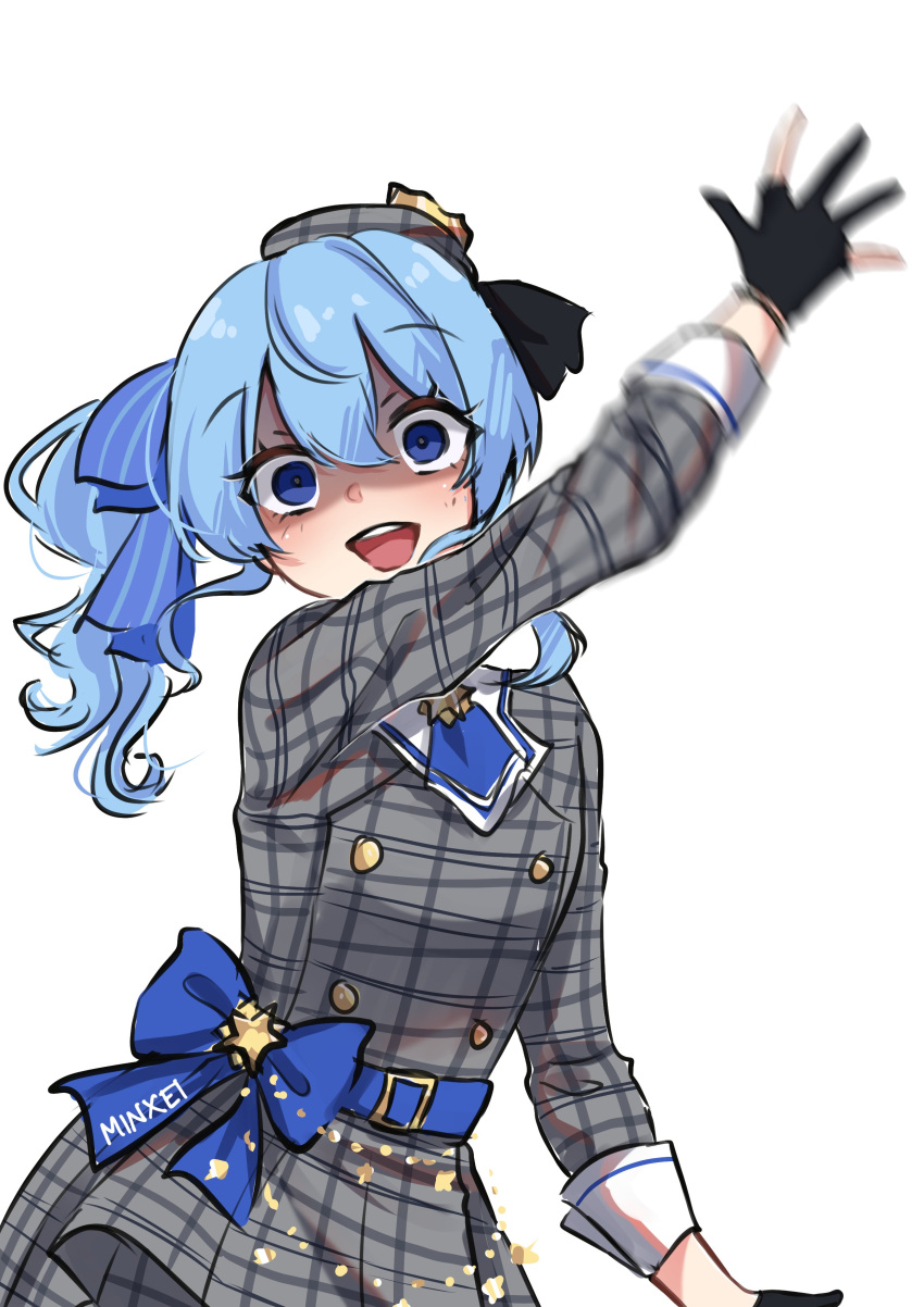 1girl absurdres anime_girl_throwing_things_(meme) arm_up artist_name ascot beret black_gloves blue_ascot blue_eyes blue_hair blue_ribbon buttons can commentary cowboy_shot crown double-breasted double-parted_bangs english_commentary gloves grey_headwear grey_jacket grey_skirt hair_between_eyes hair_ribbon hat highres hololive hoshimachi_suisei hoshimachi_suisei_(1st_costume) jacket long_sleeves looking_at_viewer medium_hair meme minxei motion_blur open_mouth partially_fingerless_gloves plaid plaid_headwear plaid_jacket plaid_skirt ribbon shaded_face side_ponytail sidelocks simple_background skirt skirt_set sleeve_cuffs smile solo standing throwing virtual_youtuber white_background