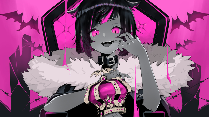 1boy androgynous armchair bat_(animal) belt_collar cape chair collar crown fur-trimmed_cape fur_trim highres king_(vocaloid) lilia_vanrouge male_focus multicolored_hair nail_polish open_mouth pink_background pink_eyes ruto_ruuuu short_hair solo straight-on streaked_hair teeth twisted_wonderland upper_body upper_teeth_only