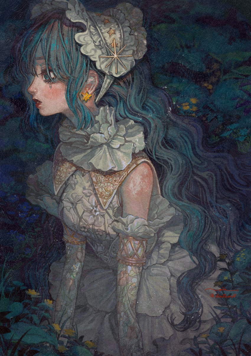1girl blue_eyes blue_hair blush bonnet commentary_request crying crying_with_eyes_open detached_sleeves dress earrings expressionless flower gold_trim grass highres jewelry lolita_fashion long_hair nature original parted_lips profile sitting solo star_(symbol) star_earrings tears upper_body very_long_hair wavy_hair white_dress yue_(distesa18)