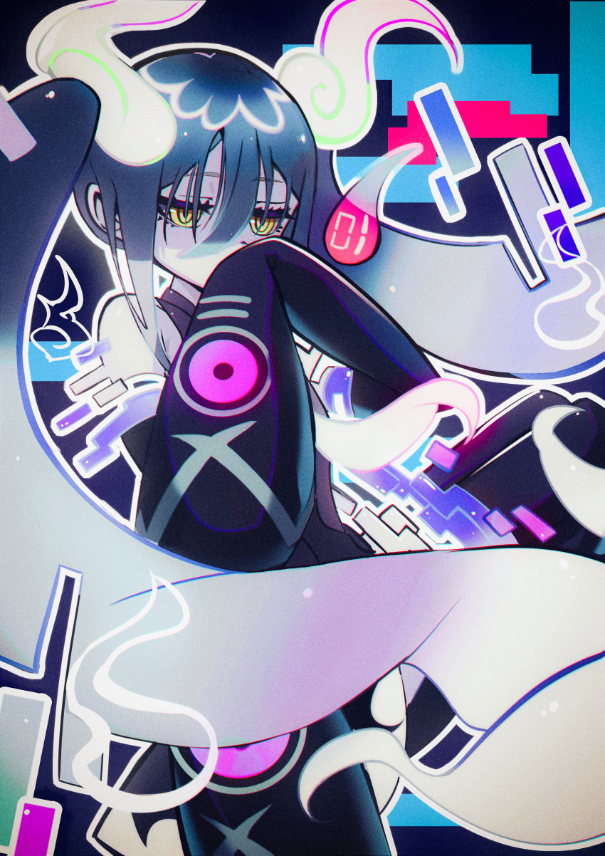 1girl absurdres aqua_hair black_thighhighs detached_sleeves ghost ghost_miku_(project_voltage) glitch gradient_hair hair_between_eyes hatsune_miku highres long_hair mei_gushi_de_shen_yue multicolored_hair necktie pale_skin pokemon project_voltage sleeves_past_fingers sleeves_past_wrists thigh-highs twintails very_long_hair vocaloid will-o'-the-wisp_(mythology) yellow_eyes