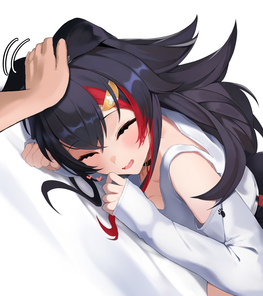 1girl absurdres animal_ears argule0901 black_choker black_hair choker clothing_cutout dutch_angle ears_down fang hair_between_eyes hair_ornament headpat highres hololive light_blush long_hair looking_at_viewer lying motion_lines multicolored_hair on_stomach ookami_mio ookami_mio_(3rd_costume) open_mouth shirt shoulder_cutout skin_fang sleeves_past_wrists smile streaked_hair virtual_youtuber white_background white_shirt wolf_ears wolf_girl yellow_eyes