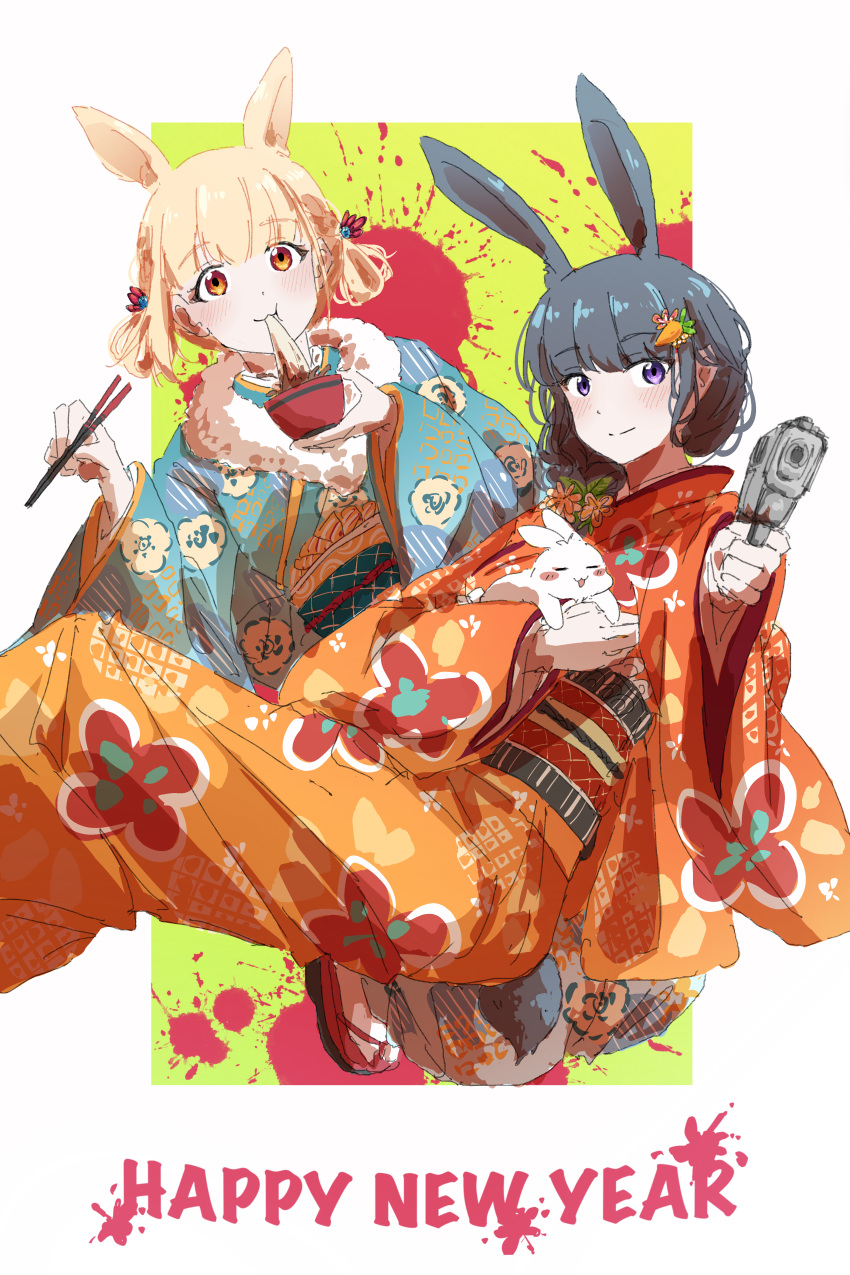 absurdres aiming aiming_at_viewer alternate_hairstyle animal_ears black_hair blonde_hair blue_kimono braid carrot_hair_ornament chinese_zodiac chopsticks closed_mouth commentary eating english_commentary fafayu floral_print food-themed_hair_ornament gun hair_ornament handgun happy_new_year highres holding holding_chopsticks holding_gun holding_weapon inoue_takina japanese_clothes kemonomimi_mode kimono long_sleeves looking_at_viewer lycoris_recoil nishikigi_chisato obi orange_kimono rabbit rabbit_ears rabbit_girl rabbit_tail red_eyes sash short_hair sidelocks smile tail violet_eyes weapon wide_sleeves year_of_the_rabbit