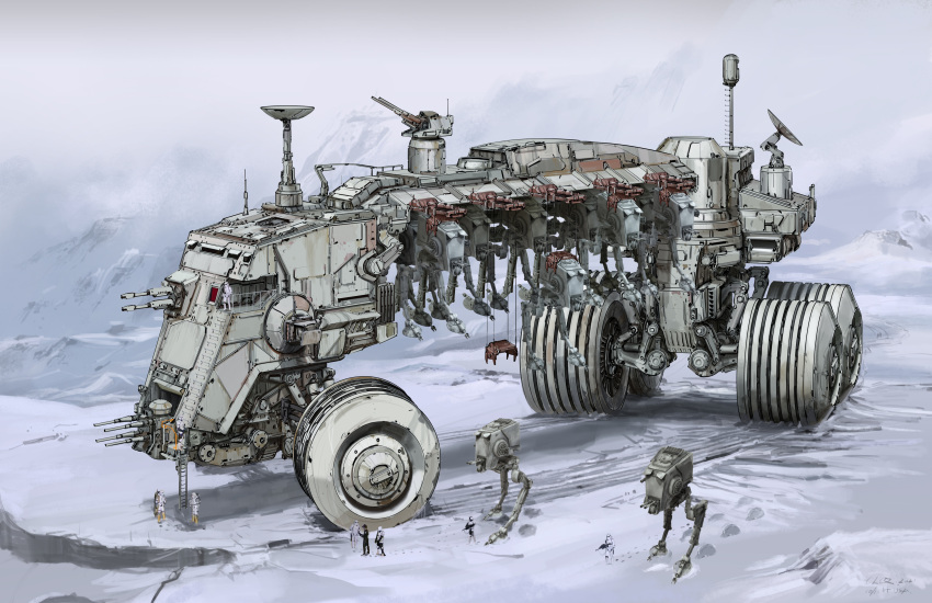 absurdres army at-st battle_of_hoth cable cannon carrying chenlongque concept_art damaged dirty energy_cannon english_commentary galactic_empire highres hook hoth machinery mecha military military_vehicle original radar_dish radio_antenna realistic robot science_fiction snow snowtrooper soldier star_wars turret vehicle_focus walker_(robot) wheel