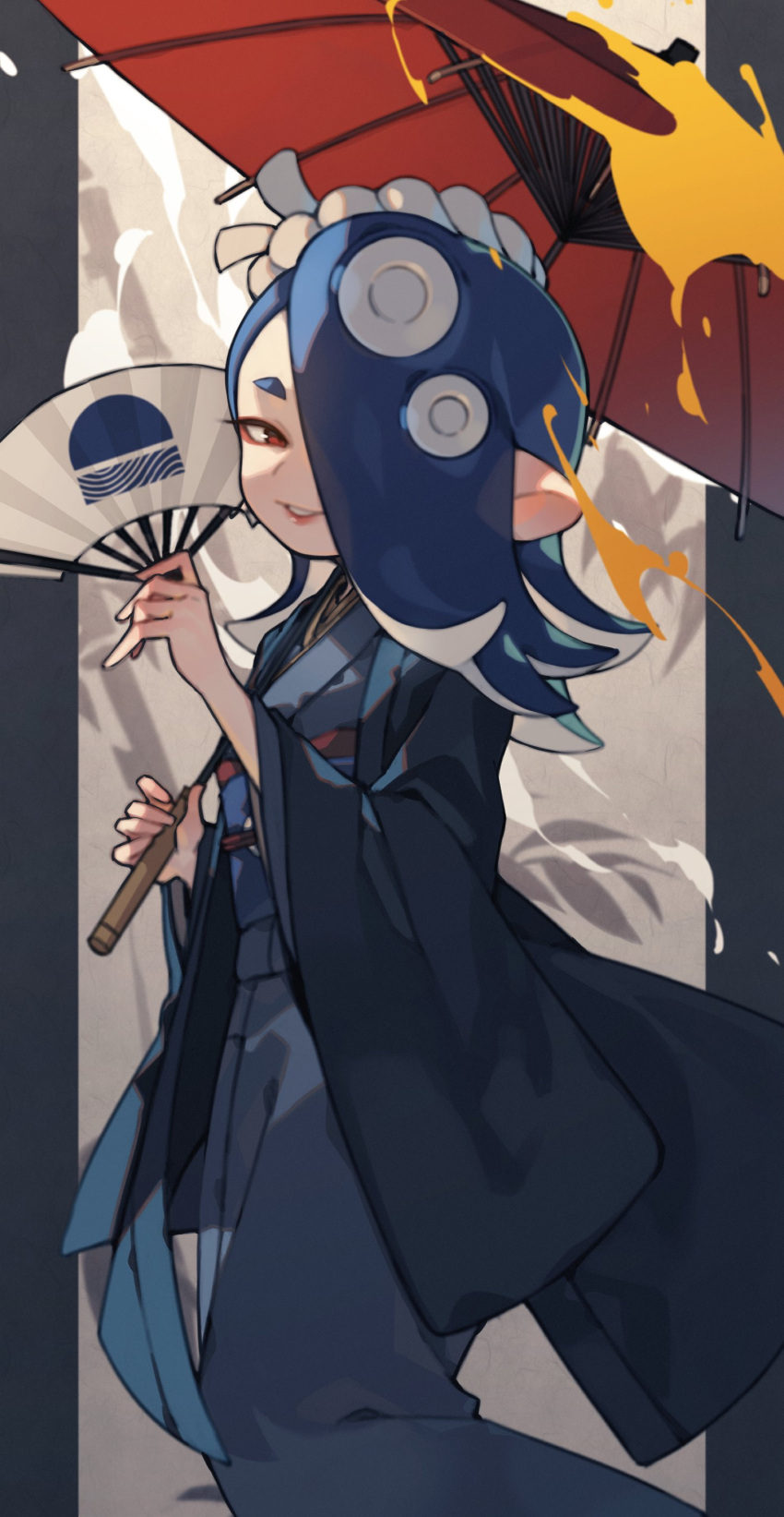 1girl absurdres blue_kimono commentary_request hair_over_one_eye hand_fan highres holding holding_fan holding_umbrella japanese_clothes kimono looking_at_viewer prat_rat red_eyes shiver_(splatoon) solo splatoon_(series) splatoon_3 tentacle_hair umbrella