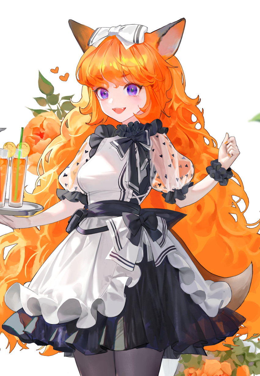 1girl absurdres animal_ears apron black_bow black_dress bow cropped_legs cup dress drink drinking_glass fangs food fox_ears fox_girl fox_tail frilled_apron frills fruit grey_thighhighs hair_bow heart highres holding holding_tray lemon lemon_slice lizchief long_hair looking_at_viewer maid maid_apron open_mouth orange_hair orange_nails original plant potted_plant scrunchie see-through see-through_sleeves tail thigh-highs tray very_long_hair violet_eyes wavy_hair white_apron white_background white_bow wrist_scrunchie
