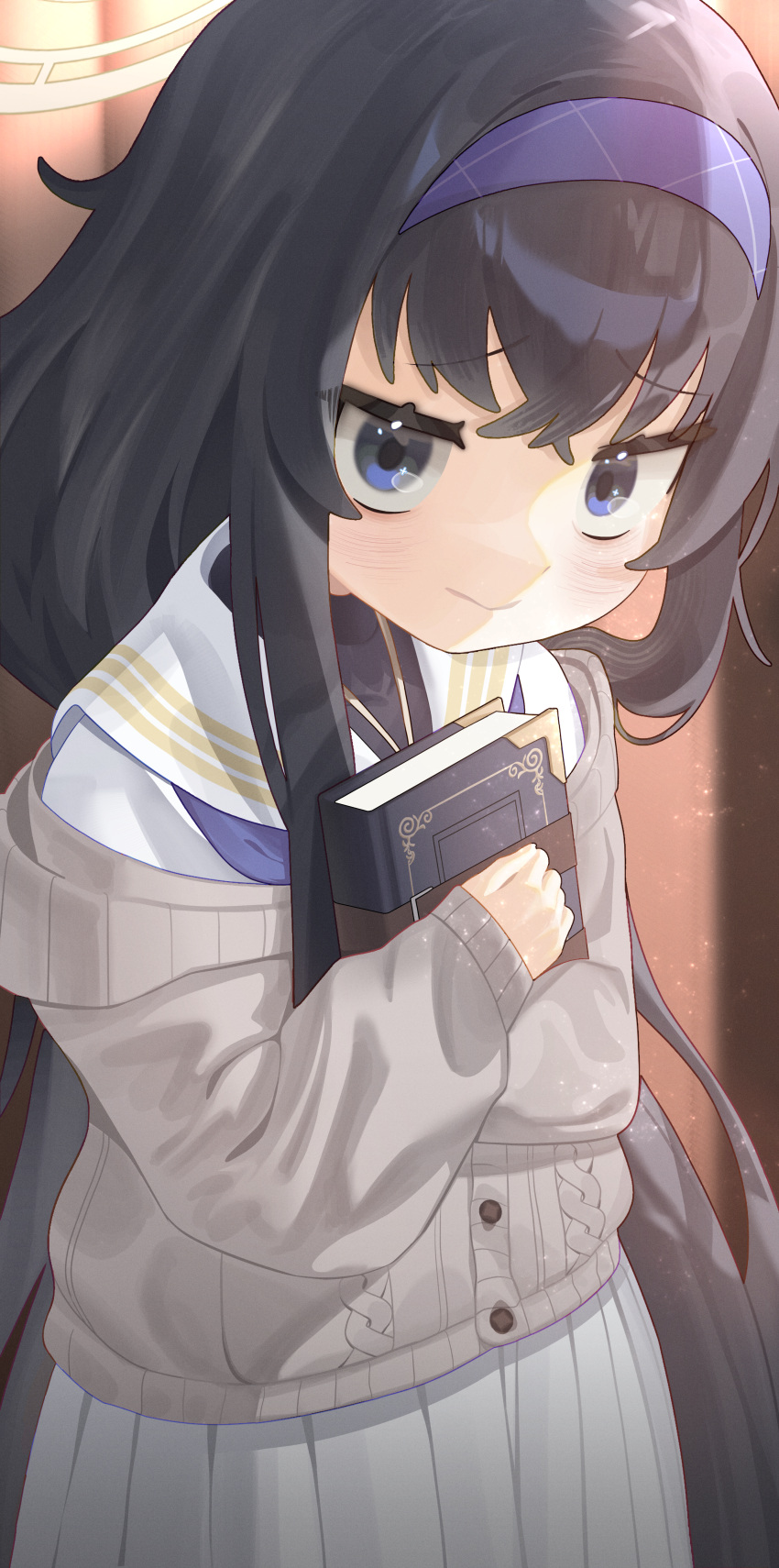 1girl absurdres black_hair blue_archive blue_eyes blue_hairband blush book buttons cardigan closed_mouth derkui_(sdxawqecz) grey_cardigan hair_between_eyes hairband halo highres holding holding_book long_hair long_sleeves pleated_skirt sailor_collar skirt solo ui_(blue_archive) white_sailor_collar white_skirt yellow_halo