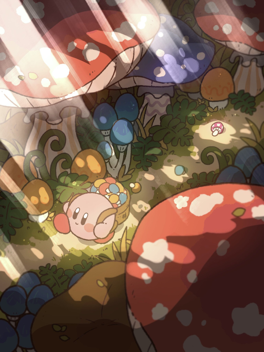 backpack bag black_eyes blush_stickers brown_bag closed_mouth colored_skin commentary dappled_sunlight forest grass harukui highres kirby kirby_(series) leg_up mushroom nature no_humans outdoors pink_skin red_footwear shadow shoes smile solo spilling sunlight walking