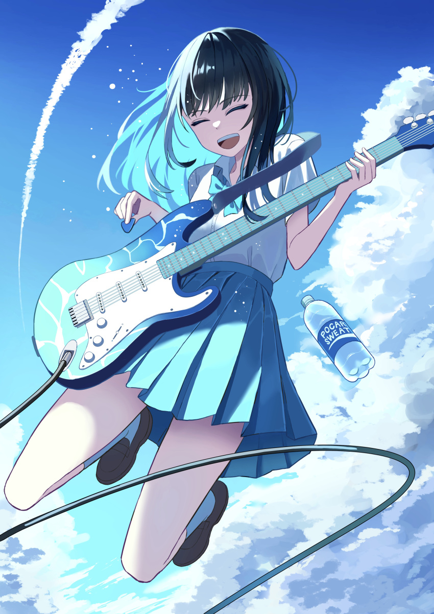 1girl absurdres black_hair blue_bow blue_skirt blue_theme bottle bow brown_footwear closed_eyes clouds collared_shirt colored_inner_hair contrail electric_guitar english_text guitar highres holding holding_plectrum instrument jumping lex_suri12 multicolored_hair open_mouth original plectrum pocari_sweat school_uniform shirt skirt sky smile socks teeth tongue two-tone_hair uniform upper_teeth_only water_bottle
