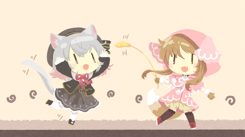 2girls akihiyo animal_ears arms_up beret black_dress black_headwear black_jacket black_thighhighs brown_background brown_hair brown_shorts cat_ears cat_girl cat_tail cat_teaser chibi colored_inner_hair commentary_request dress fang fangs grey_hair hat highres hood hood_up hoodie jacket medium_hair multicolored_hair multiple_girls neck_ribbon open_clothes open_jacket ouka_miko pantyhose pink_eyes pink_hair pink_hoodie playing puffy_shorts red_eyes red_ribbon ribbon running sayo_(voicevox) shorts sidelocks swirl tail thigh-highs tied_drawstring utau voicevox white_pantyhose wolf_girl wolf_tail |_|