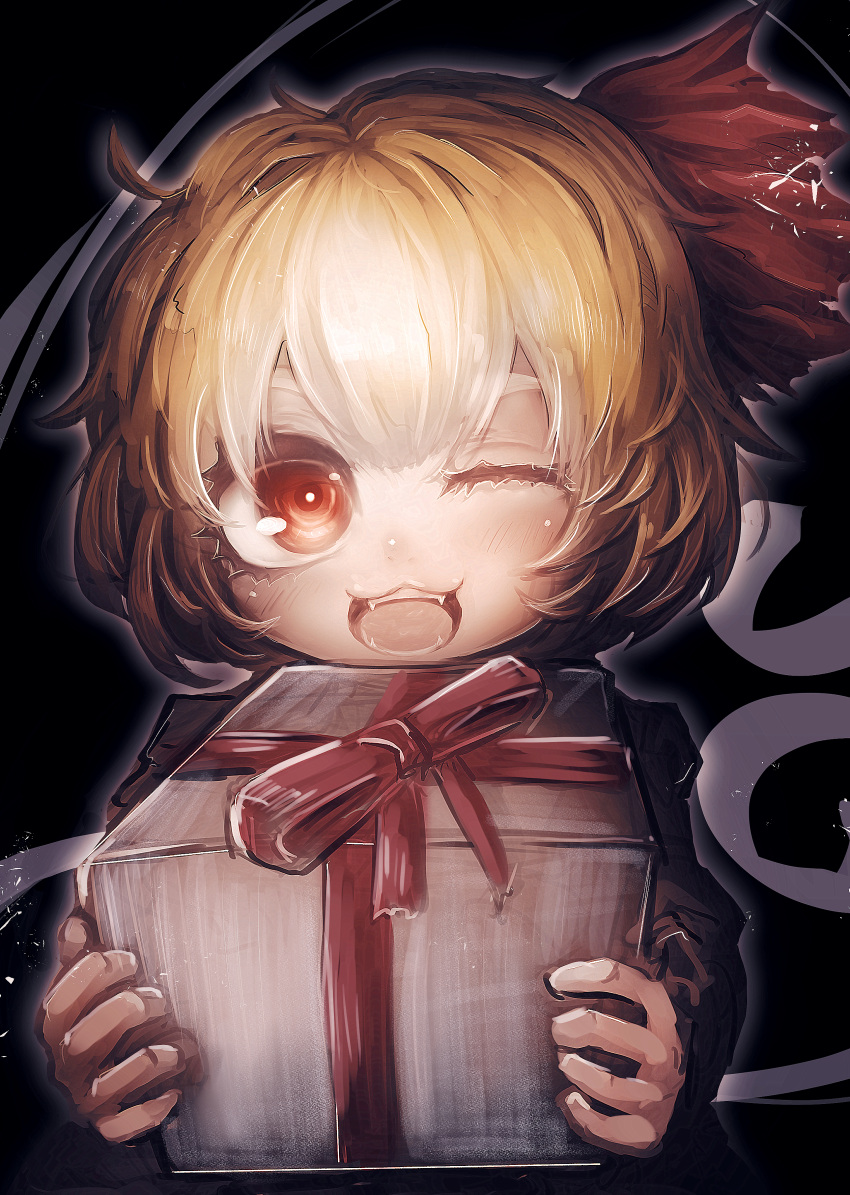 1girl absurdres black_background blonde_hair commentary_request denpa_rasaito gift grey_shirt hair_ribbon highres holding holding_gift long_sleeves looking_at_viewer medium_bangs one_eye_closed open_mouth red_eyes red_ribbon ribbon rumia shirt short_hair smile solo touhou upper_body