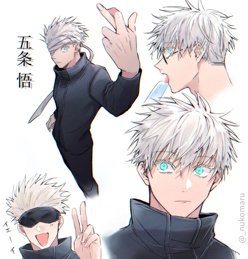 1boy arm_up bandage_over_one_eye black_blindfold black_jacket black_pants blindfold blue_eyes character_name closed_mouth covered_eyes cowboy_shot crossed_fingers fang food gojou_satoru hand_up highres jacket jujutsu_kaisen long_sleeves looking_at_viewer male_focus nukomaru one_eye_covered open_mouth pants popsicle portrait profile short_hair simple_background skin_fang smile standing tongue tongue_out twitter_username v white_background white_hair