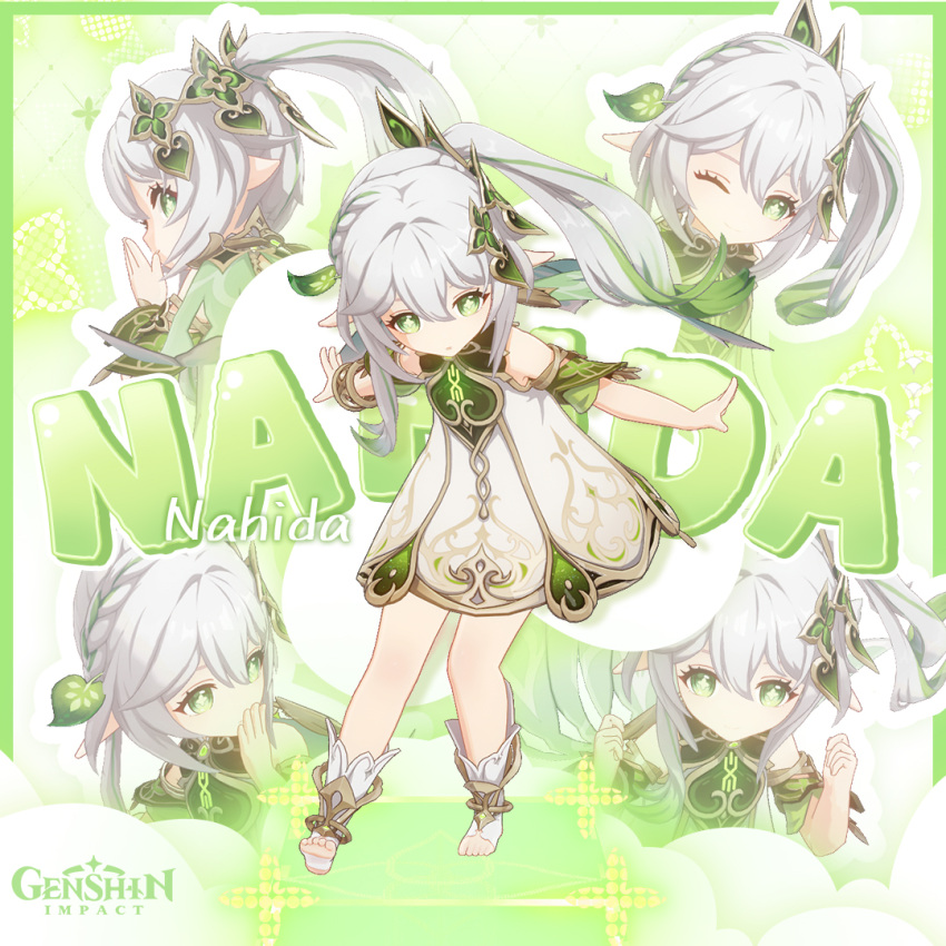 1girl bracelet character_name commentary copyright_name cross-shaped_pupils detached_sleeves dress english_commentary flat_chest full_body genshin_impact gold_trim gradient_background gradient_hair green_eyes green_hair hair_ornament jewelry leaf_hair_ornament logo long_hair looking_at_viewer multicolored_hair multiple_views nahida_(genshin_impact) official_art one_eye_closed pointy_ears side_ponytail sleeveless sleeveless_dress solo_focus stirrup_footwear symbol-shaped_pupils toeless_footwear white_dress white_footwear white_hair