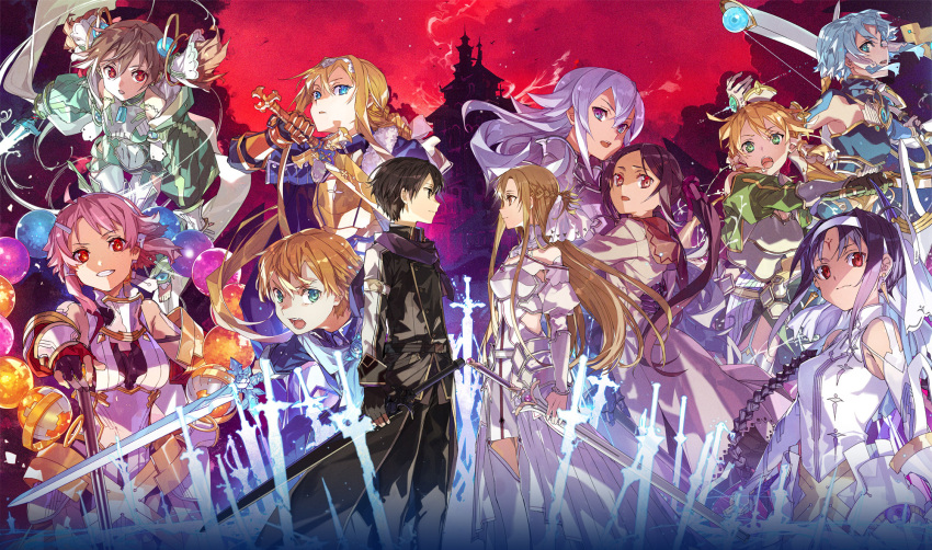 2boys 6+girls alice_zuberg annihilate_ray armor asuna_(sao) asuna_(stacia) black_eyes black_hair blonde_hair blue_armor blue_cape blue_eyes blue_rose_sword bow bow_(weapon) breastplate breasts brown_eyes brown_hair bunbun cape character_request dagger elucidator energy energy_sword eugeo gauntlets glowing glowing_dagger glowing_sword glowing_weapon gold_armor green_eyes hairband highres hip_armor holding holding_bow_(weapon) holding_dagger holding_knife holding_polearm holding_sword holding_weapon kirito knife knight lambent_light leafa leafa_(terraria) lisbeth_(sao) looking_at_another looking_at_viewer mace medium_breasts multiple_boys multiple_girls multiple_swords night_sky_sword official_art open_mouth osmanthus_blade pink_hair polearm purple_hair radiant_light rapier red_eyes red_sky short_hair silica sinon sinon_(solus) sky sword sword_art_online sword_art_online:_alicization sword_art_online:_alicization_-_war_of_underworld verdurous_anima very_long_hair weapon white_armor yuuki_(sao)