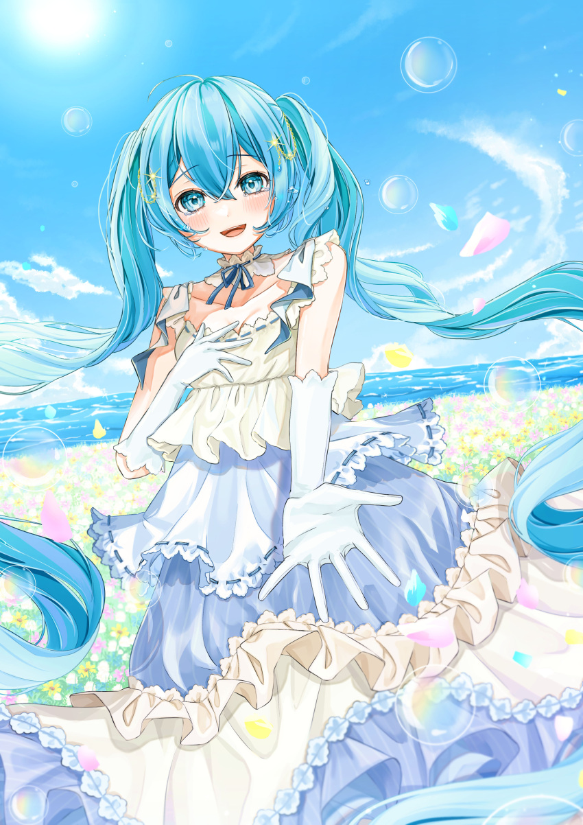 1girl absurdres air_bubble blue_eyes blue_sky blush bubble buntason_(buritarooooo) clouds cloudy_sky collar collarbone commentary detached_collar dress elbow_gloves field flower flower_field frilled_collar frilled_dress frills gloves hair_between_eyes hair_ornament hand_on_own_chest happy_birthday hatsune_miku highres long_hair looking_at_viewer mixed-language_commentary multicolored_clothes multicolored_dress ocean open_mouth outdoors petals purple_dress reaching reaching_towards_viewer sky smile solo tearing_up twintails very_long_hair vocaloid white_dress white_gloves