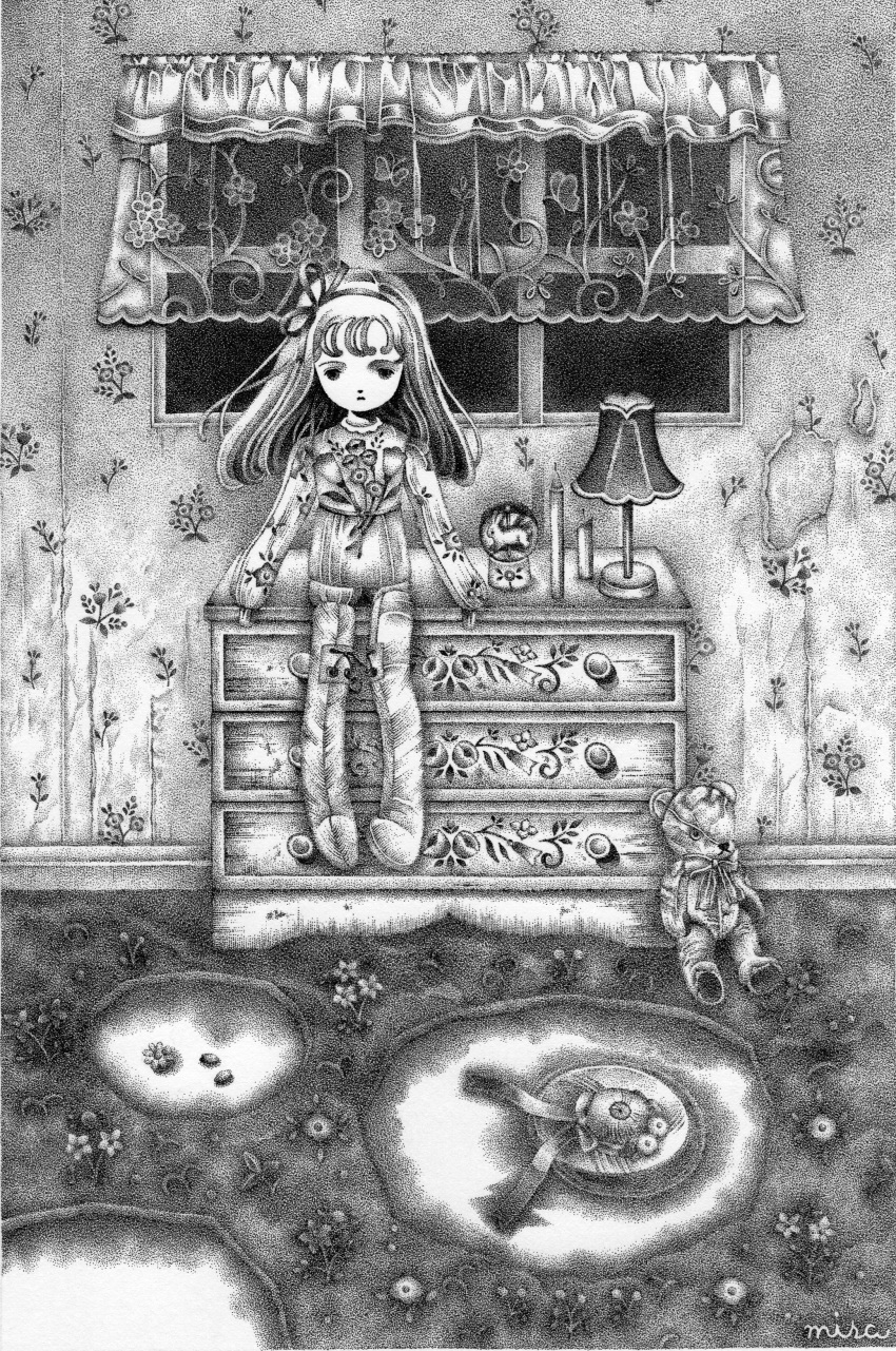 1girl absurdres candle chest_of_drawers commentary_request curtains desk_lamp doll expressionless floral_print flower full_body greyscale hairband highres indoors kirisu_misa lamp long_hair monochrome original rabbit sitting snow_globe solo stuffed_animal stuffed_toy teddy_bear window
