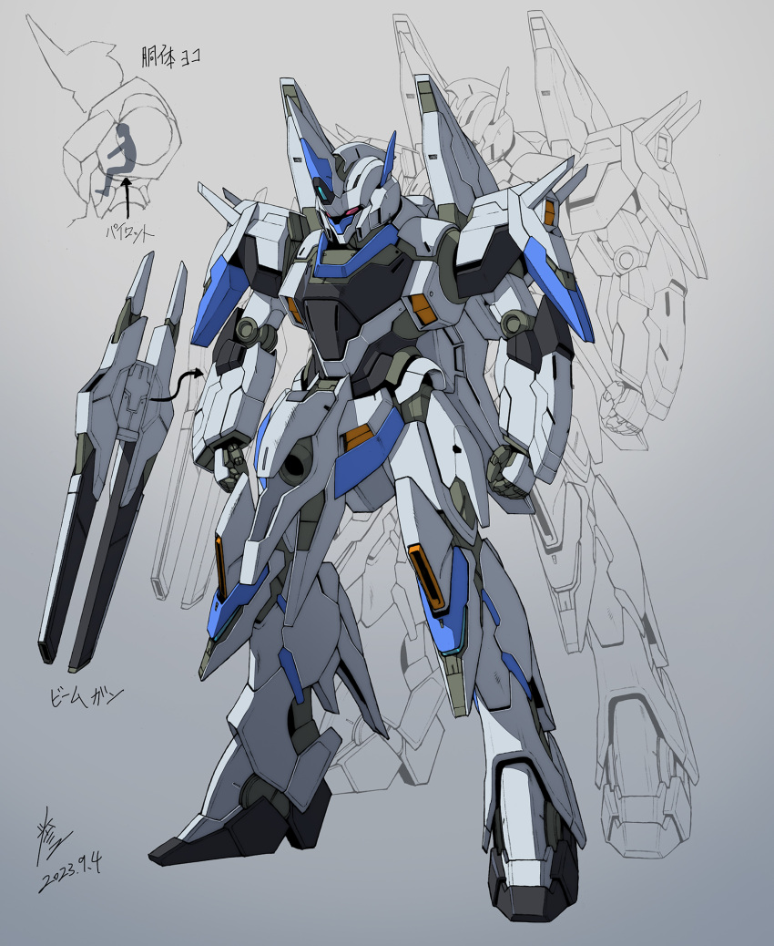 arm_shield arms_at_sides blueprint_(medium) clenched_hands commentary_request full_body grey_background highres homare_(fool's_art) horns looking_ahead mecha no_humans original red_eyes robot science_fiction simple_background single_horn standing