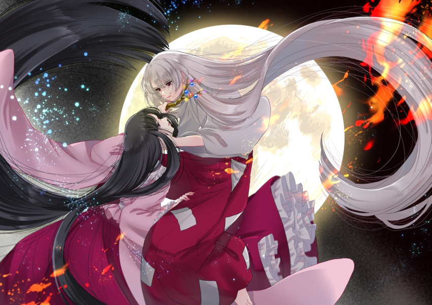 2girls absurdly_long_hair baggy_pants barefoot black_hair branch commentary_request crying crying_with_eyes_open fire frilled_sleeves frills fujiwara_no_mokou grey_hair hand_on_another's_cheek hand_on_another's_face highres houraisan_kaguya huge_moon jeweled_branch_of_hourai long_hair long_sleeves mokoiscat moon multiple_girls night night_sky open_mouth outdoors pants petticoat pink_shirt red_eyes red_pants red_skirt shirt skirt sky tears touhou very_long_hair wide_sleeves
