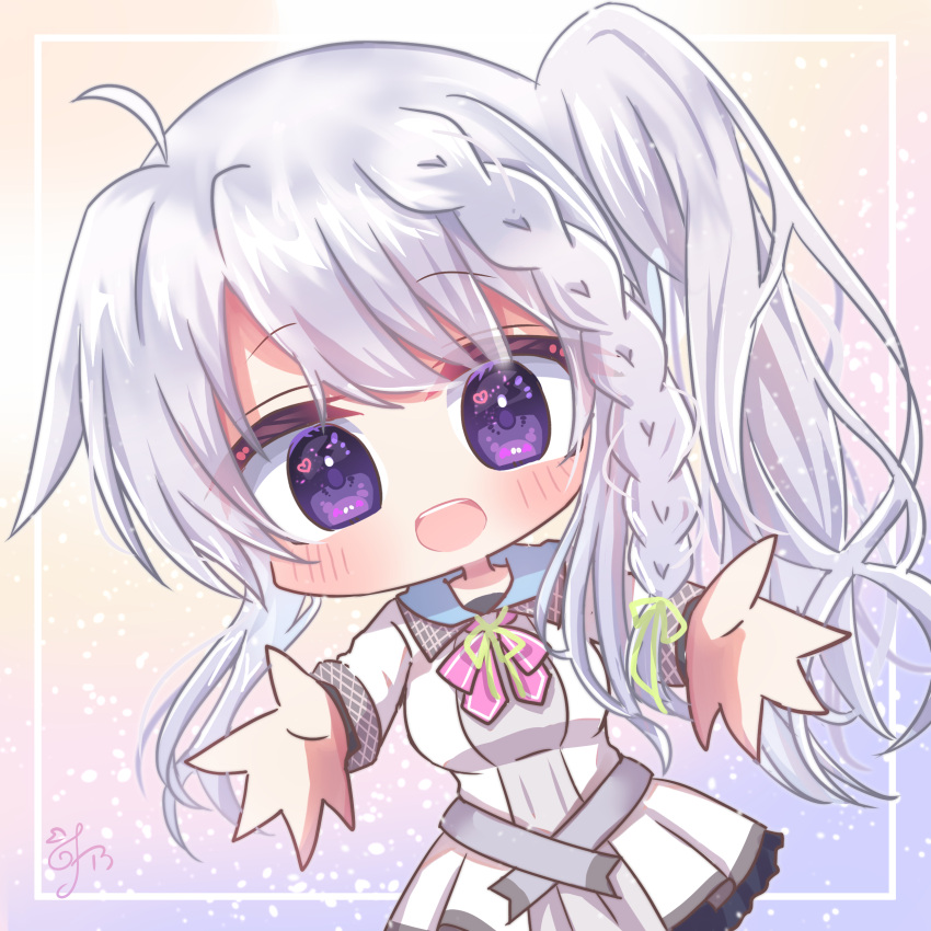 1girl 9-nine- :d absurdres ahoge blue_background blush braid chibi commentary dress eyelashes eyes_visible_through_hair floating_hair frilled_dress frills gradient_background green_ribbon grey_hair hair_between_eyes hair_ribbon happy heart heart_in_eye highres incoming_hug light_particles long_hair long_sleeves looking_at_viewer neck_ribbon niimi_sora open_hands open_mouth outstretched_arms pink_ribbon ribbon school_uniform short_dress side_ponytail sidelocks signature simple_background single_braid smile solo symbol_in_eye teeth upper_teeth_only utuigawa violet_eyes wavy_hair white_dress yellow_background