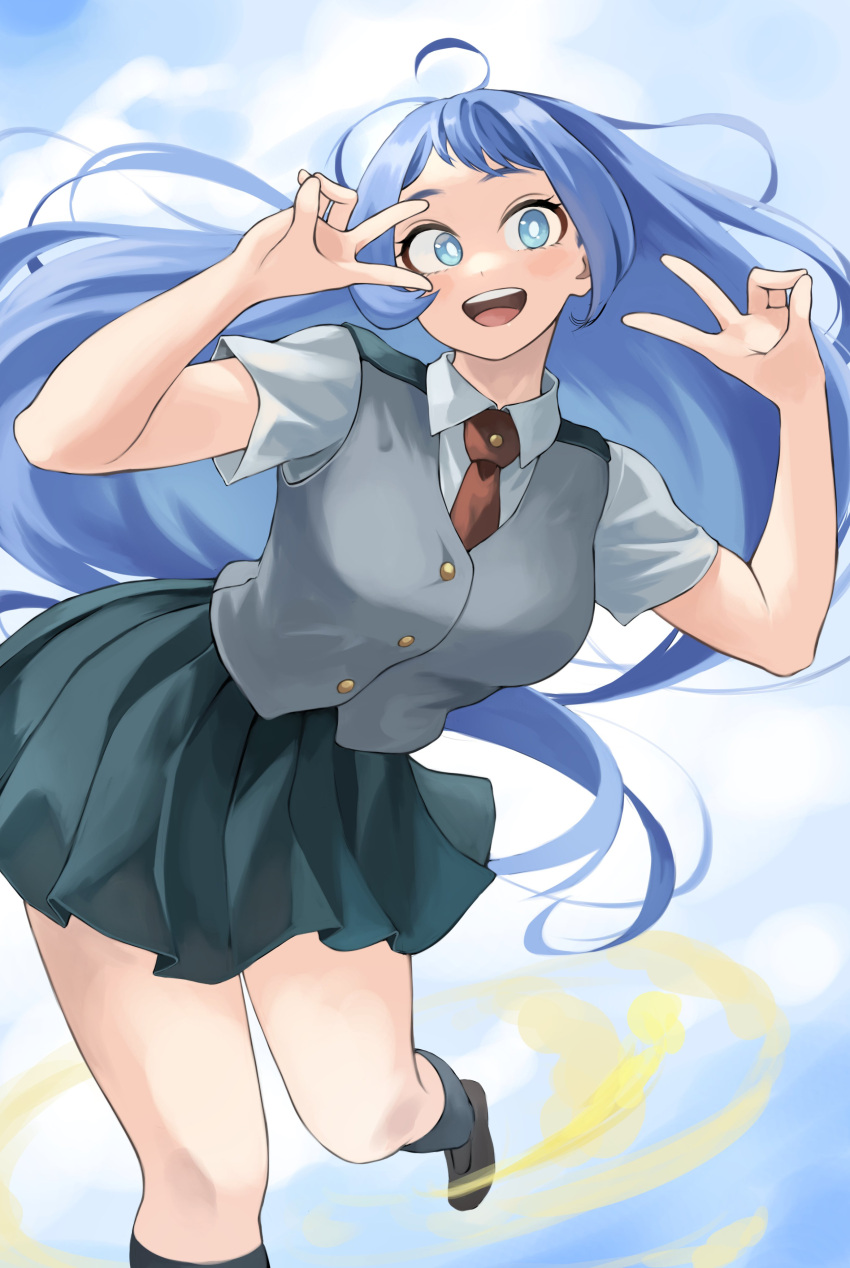 1girl :d absurdres blue_eyes blue_hair boku_no_hero_academia breasts collared_shirt double_v fengling_(furin-jp) floating grey_vest hadou_nejire hair_flowing_over hair_spread_out hands_up highres light_blue_hair long_hair looking_at_viewer necktie open_mouth pleated_skirt school_uniform shirt skirt smile solo u.a._school_uniform v very_long_hair vest white_shirt