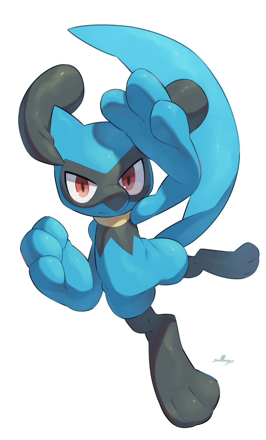 absurdres full_body highres looking_at_viewer no_humans nullma pokemon pokemon_(creature) riolu signature simple_background solo white_background