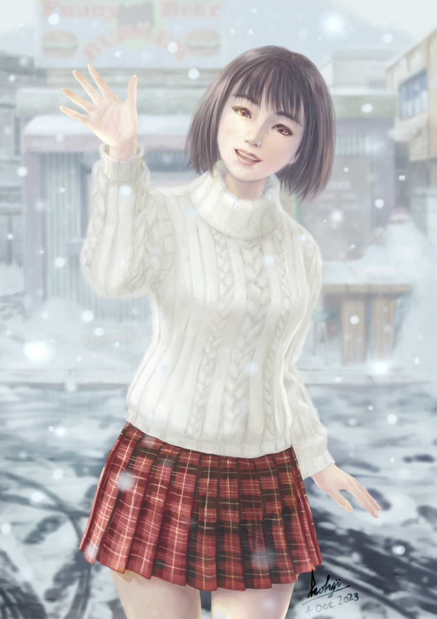 absurdres bob_cut breasts brown_eyes brown_hair building burger dated day food food_stand harasaki_nozomi head_tilt highres ice kohji long_sleeves looking_at_viewer medium_hair open_hand open_mouth outdoors pleated_skirt red_skirt road signature skirt smile snow snowflakes snowing solo stool street sweater table thighs turtleneck turtleneck_sweater waving white_sweater winter