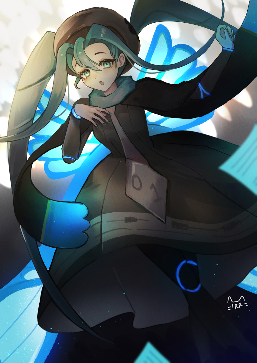 1girl :o absurdres brown_headwear bug_miku_(project_voltage) commentary dress gloves glowing green_hair hands_up hat hatsune_miku highres insect_wings legitrebelrose long_hair long_sleeves looking_at_viewer nail_polish necktie open_mouth pokemon project_voltage sidelocks single_glove solo twintails vocaloid wings
