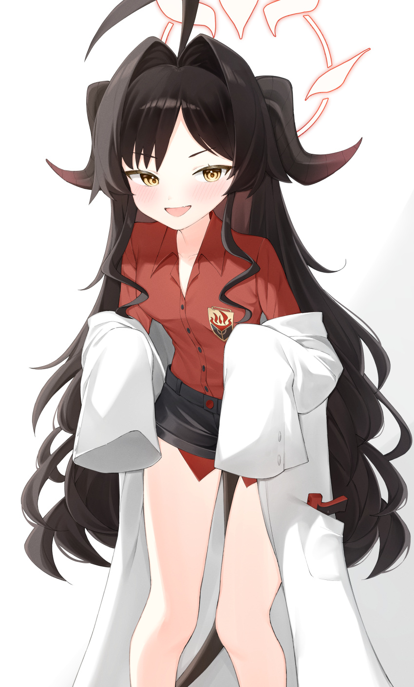 1girl absurdres ahoge black_hair black_shorts black_tail blue_archive blush coat cobe collared_shirt feet_out_of_frame hair_intakes halo highres kasumi_(blue_archive) lab_coat long_hair open_mouth oversized_clothes red_halo red_shirt shirt shorts simple_background sleeves_past_fingers sleeves_past_wrists smile solo white_background white_coat yellow_eyes