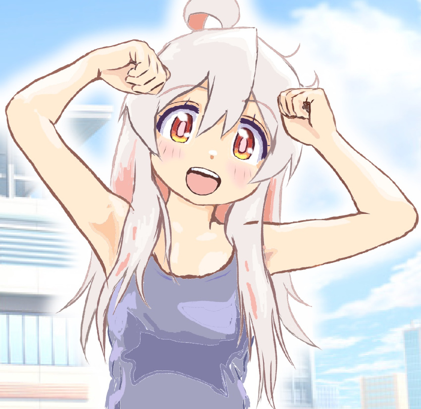 1girl :d ahoge arms_up blue_sky bright_pupils building clouds day grey_hair hair_between_eyes highres long_hair mizumori_keiichi multicolored_eyes multicolored_hair onii-chan_wa_oshimai! open_mouth orange_eyes outdoors oyama_mahiro pink_hair pink_pupils red_eyes sky smile teeth two-tone_hair upper_teeth_only yellow_eyes