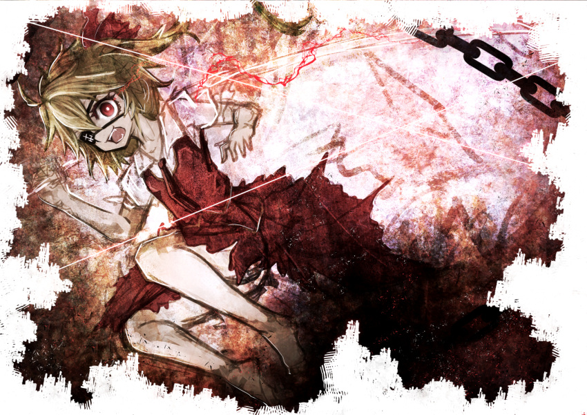 1girl barefoot blonde_hair bright_pupils chain collared_shirt commentary_request denpa_rasaito dress eye_trail eyepatch flandre_scarlet flat_chest full_body hair_between_eyes hair_ribbon light_trail long_bangs long_hair looking_at_viewer necktie one-hour_drawing_challenge one_side_up open_mouth pinafore_dress red_dress red_eyes red_necktie red_ribbon ribbon shirt sleeveless sleeveless_dress solo touhou white_pupils white_shirt