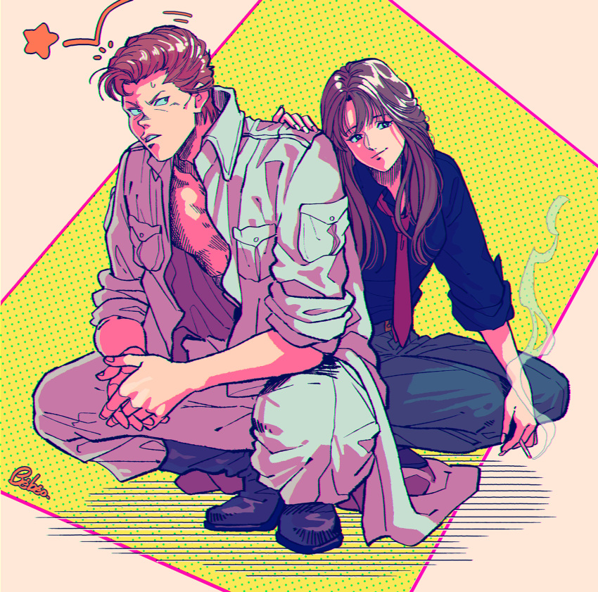 1boy 1girl blue_pants blue_shirt brother_and_sister brown_hair cigarette full_body hand_on_another's_shoulder highres holding holding_cigarette jacket kuwabara_kazuma kuwabara_shizuru kwsby_124 looking_at_viewer necktie open_clothes open_jacket orange_hair pants pompadour red_necktie shirt siblings signature sleeves_rolled_up smile smoke star_(symbol) topless_male white_jacket white_pants yu_yu_hakusho