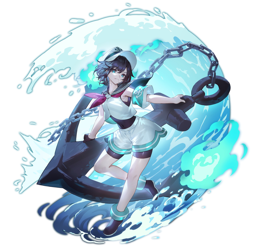 1girl absurdres anchor anchor_symbol black_hair blue_eyes closed_mouth full_body hat highres looking_at_viewer murasa_minamitsu peaked_cap second-party_source short_hair solo touhou transparent_background u_u_zan white_headwear