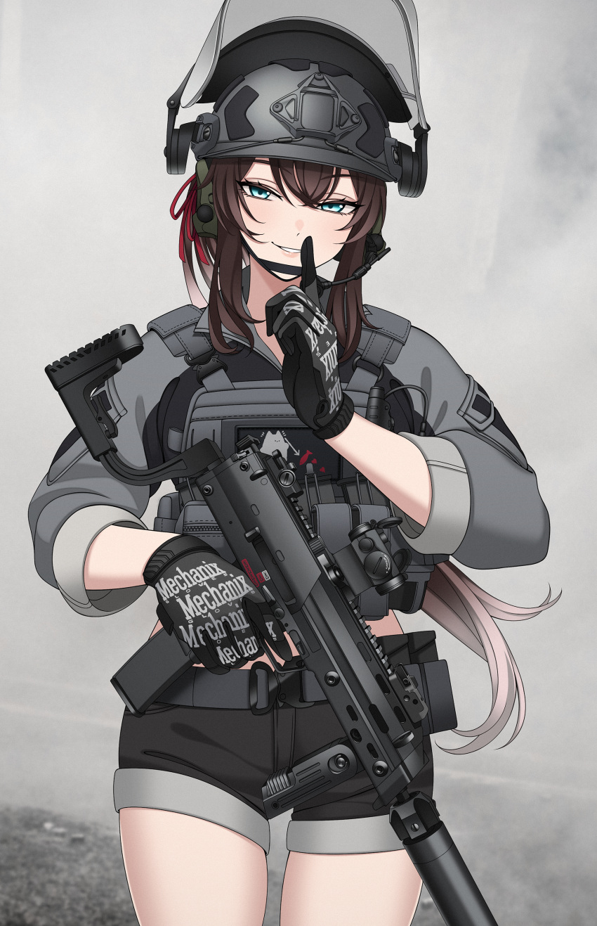 1girl absurdres ammunition_pouch belt black_gloves black_shorts blue_eyes brown_hair combat_helmet commission cowboy_shot ear_protection finger_to_mouth gloves grey_shirt gun h&amp;k_mp7 helmet highres holding holding_weapon keiita long_hair long_sleeves looking_at_viewer magazine_(weapon) midriff optical_sight original parted_lips plate_carrier pouch red_ribbon ribbon shirt shorts shushing solo submachine_gun termichan_(not-a-bot) very_long_hair weapon