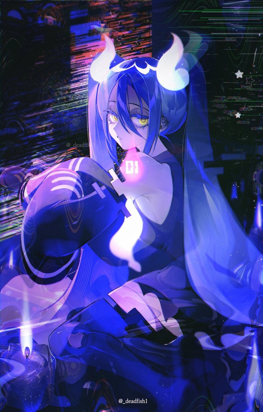1girl bare_shoulders black_thighhighs candle detached_sleeves eungo ghost ghost_miku_(project_voltage) glitch grey_shirt hair_between_eyes hatsune_miku highres long_hair looking_at_viewer necktie pale_skin pokemon project_voltage shirt skirt sleeves_past_fingers sleeves_past_wrists thigh-highs twintails very_long_hair vocaloid will-o'-the-wisp_(mythology) yellow_eyes