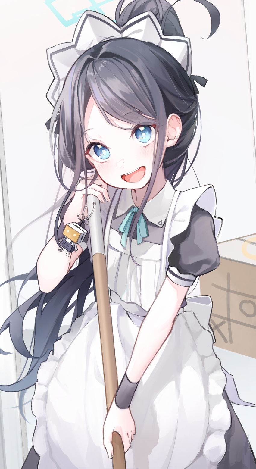 &lt;key&gt;_(robot)_(blue_archive) 1girl absurdly_long_hair absurdres apron aris_(blue_archive) aris_(maid)_(blue_archive) black_dress black_hair blue_archive blue_eyes blue_halo blush dress e_name frilled_apron frills halo highres long_hair maid maid_apron maid_headdress official_alternate_costume open_mouth short_sleeves smile solo very_long_hair white_apron wrist_cuffs