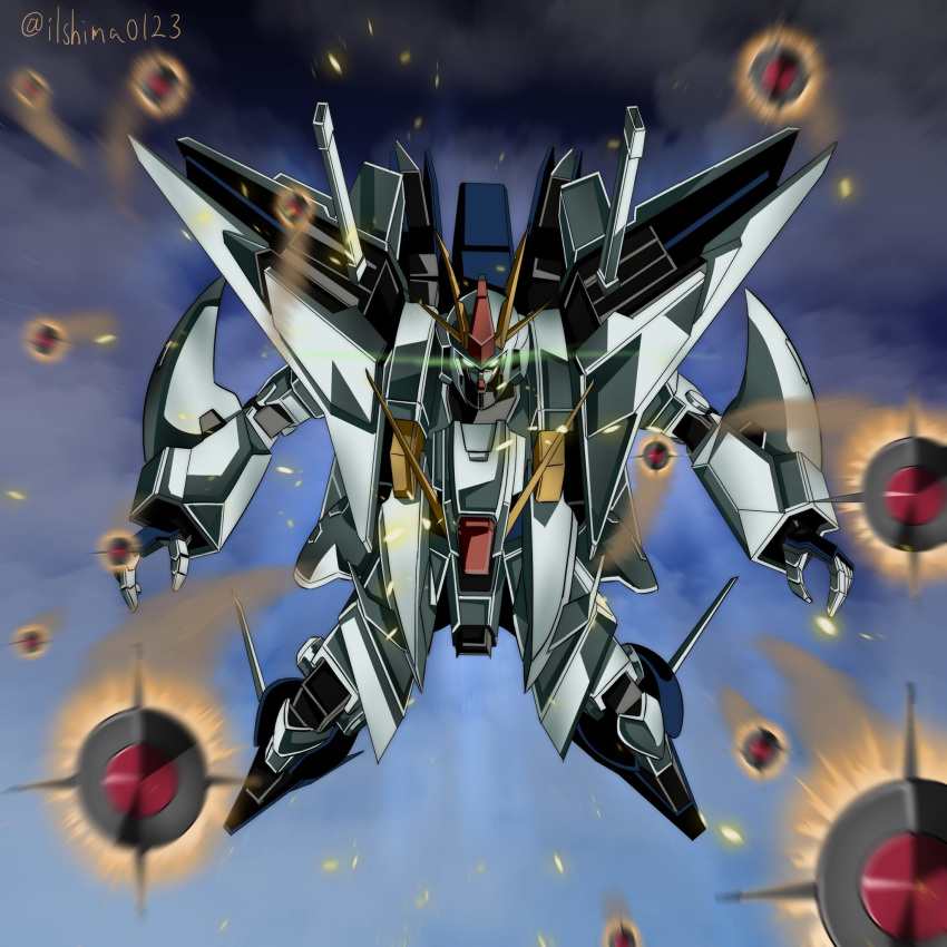 blue_sky clouds cloudy_sky commentary flying full_body glowing glowing_eyes green_eyes gundam gundam_hathaway's_flash highres looking_at_viewer mecha missiles mobile_suit no_humans robot science_fiction shimashun sky solo twitter_username v-fin xi_gundam