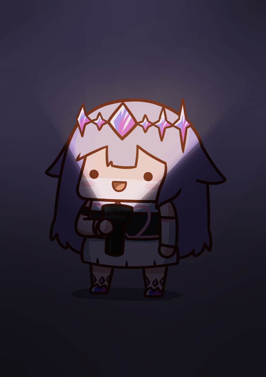 1girl :d absurdres blush_stickers chest_jewel chibi dark dress flashlight full_body gem hair_flaps highres holding holding_flashlight hololive hololive_english koseki_bijou long_hair looking_at_viewer open_mouth phdpigeon purple_hair single_arm_guard smile solid_circle_eyes solo tiara virtual_youtuber