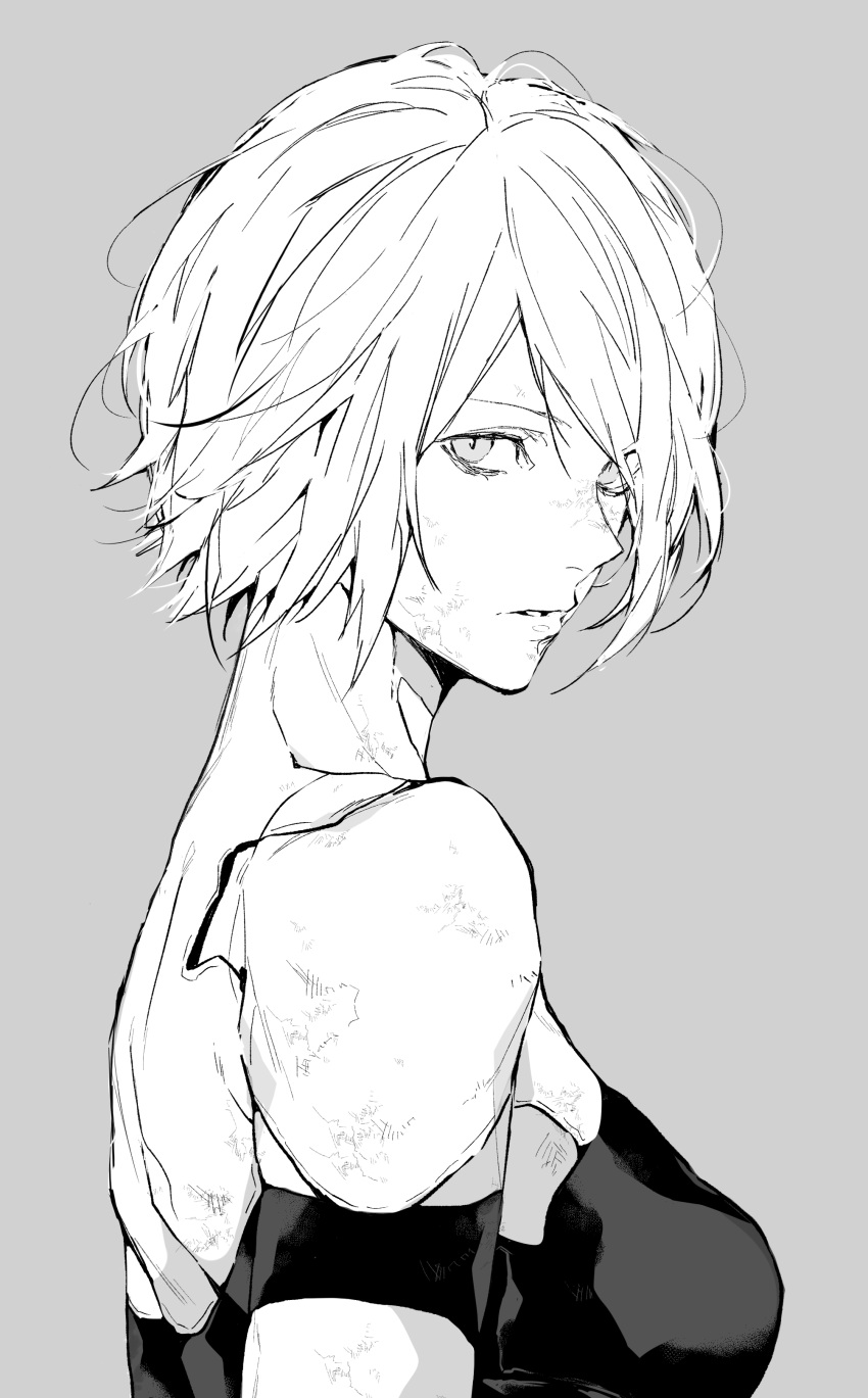 1girl a2_(nier:automata) absurdres android armlet bare_shoulders dirty elbow_gloves from_side gloves grey_background greyscale highres joints looking_at_viewer looking_to_the_side monochrome nier:automata nier_(series) nishiii26miii robot_joints short_hair solo tank_top upper_body