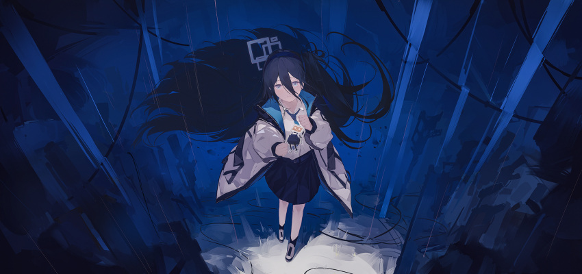 1girl aris_(blue_archive) black_hair black_skirt blue_archive blue_eyes blue_halo blue_necktie blue_theme closed_mouth coat collared_shirt commentary flyinbunny from_above full_body hair_between_eyes halo highres long_bangs long_hair long_sleeves looking_at_viewer necktie open_clothes open_coat pleated_skirt shirt side_ponytail skirt solo standing very_long_hair white_coat white_shirt