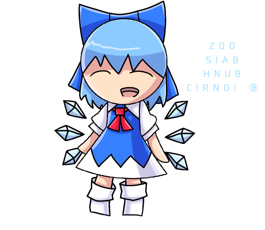 1girl anime_bangs asian bangs blue_bow blue_dress blue_hair blue_text blue_wings chibi circle circle_head cirno cirno_day closed_eyes collar collared_shirt cool_violet_976 diamond_(shape) fairy flat_chest floating_wings happy hmong_text ice ice_fairy ice_wings light_skinned no_ears no_eyebrows no_fingers no_neck no_nose no_teeth open_mouth parted_lips red_tie short_hair short_sleeves socks solo tareme taut_clothes taut_dress text tongue touhou white_background white_collar white_dress white_sleeves white_socks wings