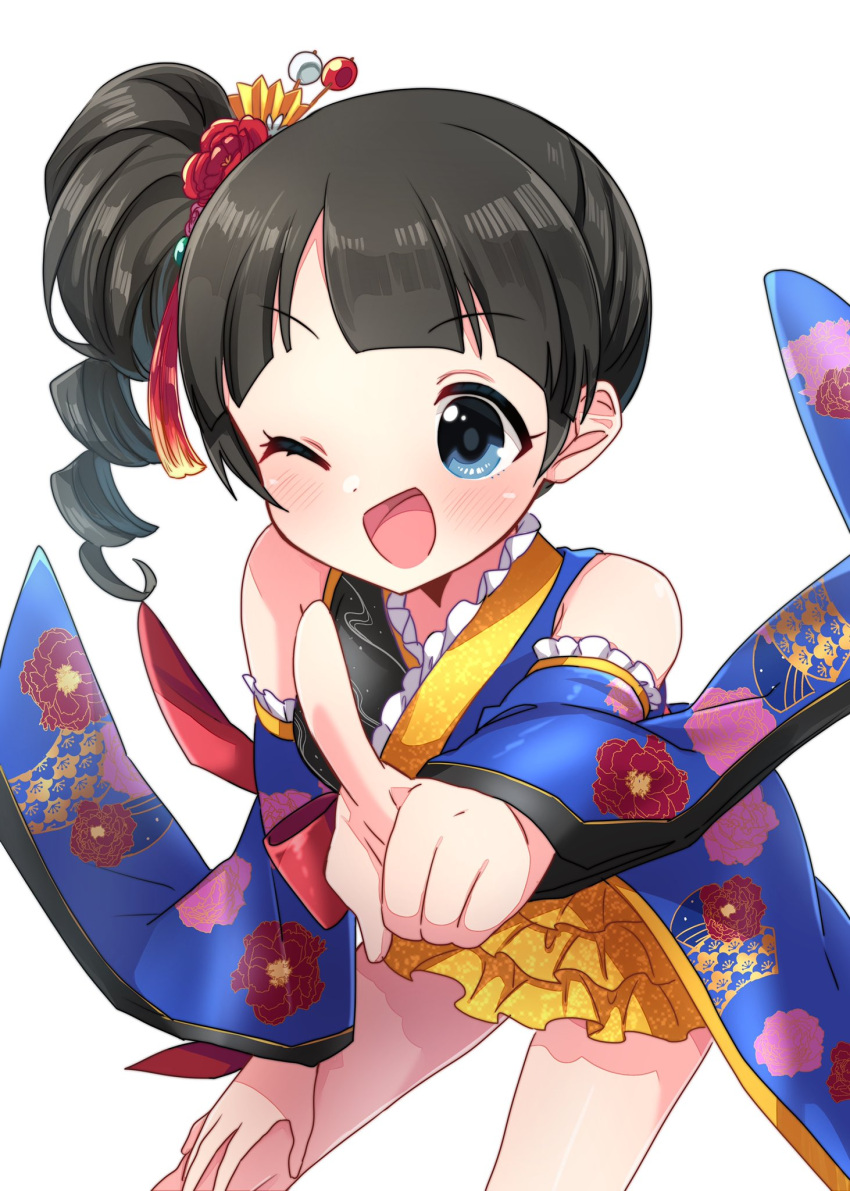1girl alternate_hairstyle arm_support bare_shoulders black_hair blue_eyes blue_sleeves blunt_bangs blush bow breasts cowboy_shot detached_sleeves dot_nose dress_bow floral_print flower frilled_kimono frilled_sleeves frills furisode hair_flower hair_ornament hand_on_own_knee highres idolmaster idolmaster_cinderella_girls idolmaster_cinderella_girls_starlight_stage index_finger_raised japanese_clothes kanzashi kimono kimono_skirt leaning_forward long_hair long_sleeves looking_at_viewer miniskirt multicolored_clothes multicolored_kimono one_eye_closed open_mouth print_sleeves reaching reaching_towards_viewer red_bow red_flower saito_katuo short_kimono side_ponytail simple_background skirt sleeveless sleeveless_kimono small_breasts smile solo standing ujiie_mutsumi white_background