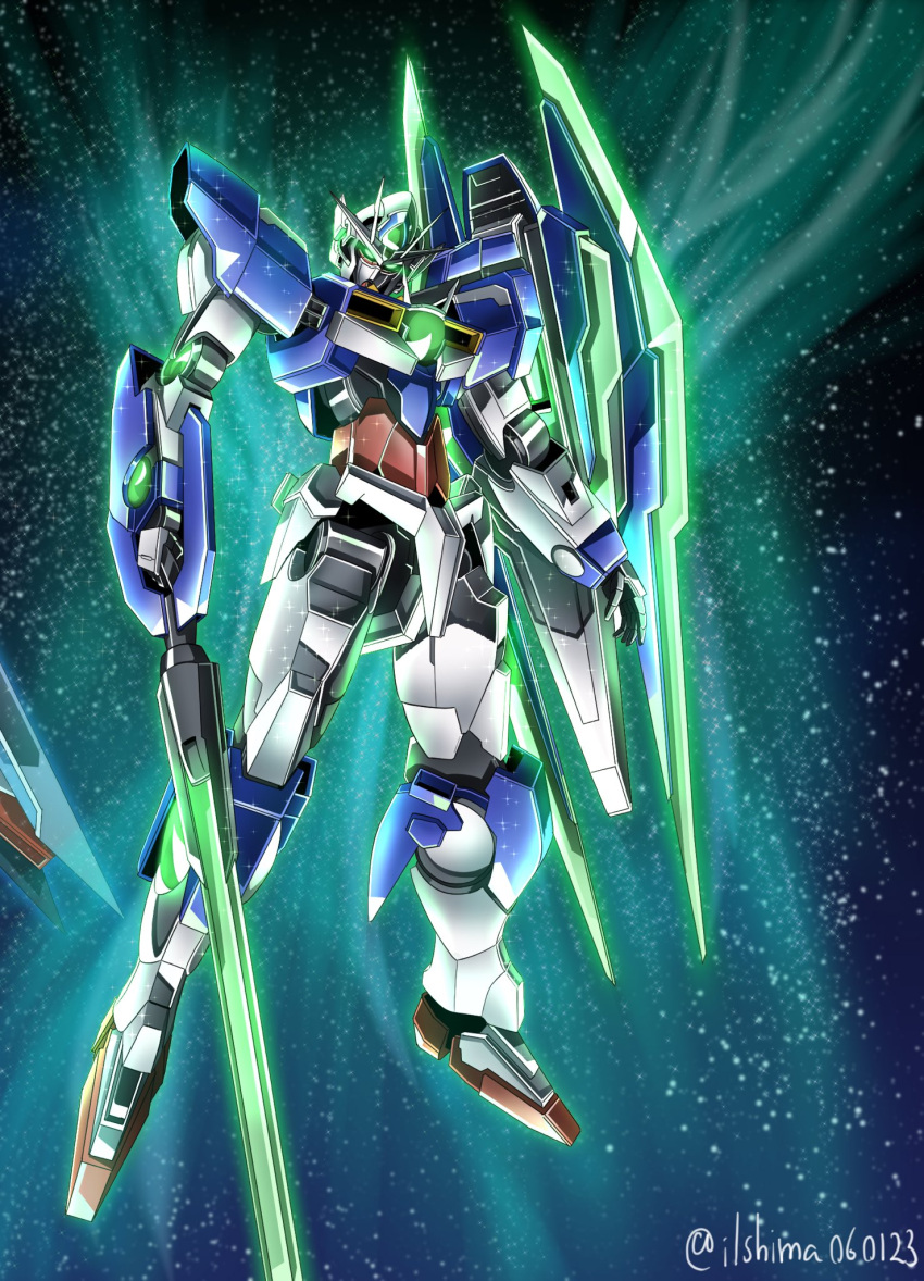 00_qan[t] commentary full_body glowing glowing_eyes green_eyes gundam gundam_00 gundam_00_a_wakening_of_the_trailblazer highres holding holding_sword holding_weapon light_particles looking_at_viewer mecha mobile_suit no_humans robot science_fiction shield shimashun sword twitter_username v-fin weapon