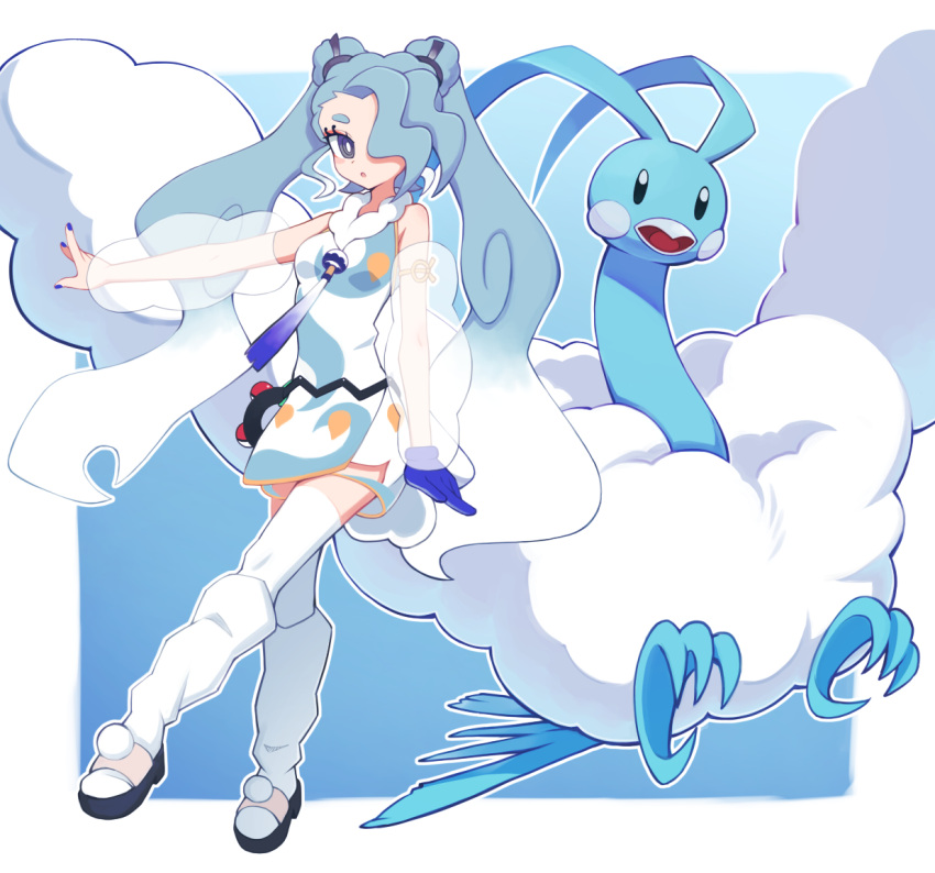 1girl altaria blue_background border bright_pupils commentary crossover detached_sleeves dress eyelashes eyeshadow flying_miku_(project_voltage) grey_eyes grey_hair hatsune_miku hibun_tsukasa holster long_hair looking_at_viewer loose_socks makeup necktie outline outside_border poke_ball poke_ball_(basic) pokemon pokemon_(creature) project_voltage see-through see-through_sleeves shoes socks thigh-highs twintails vocaloid white_border white_pupils white_socks white_thighhighs