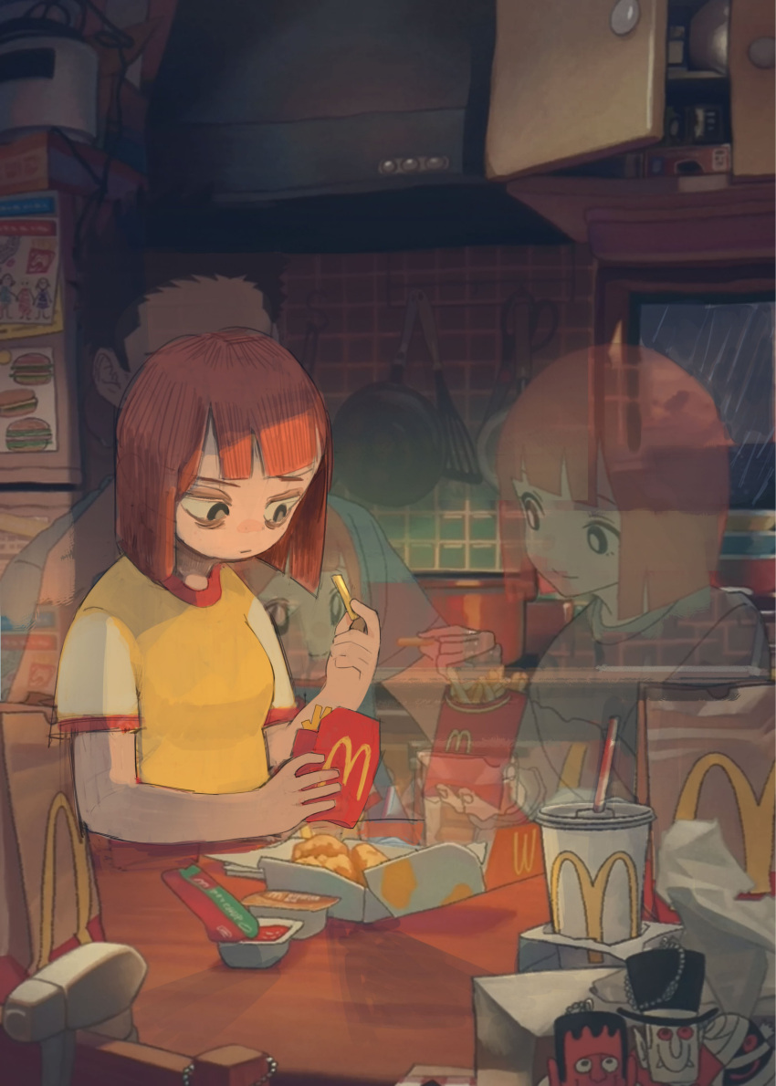 1boy 2girls absurdres bag bags_under_eyes black_eyes blunt_bangs bright_pupils carton closed_mouth commentary cup cupboard daughter_(yoru_mac) disposable_cup drinking_straw eating family father_(yoru_mac) food french_fries geniski66 ghost highres holding holding_food indoors ketchup logo looking_down mcdonald's mother_(yoru_mac) multiple_girls paper_bag raglan_sleeves shirt short_sleeves table yellow_shirt yoru_mac