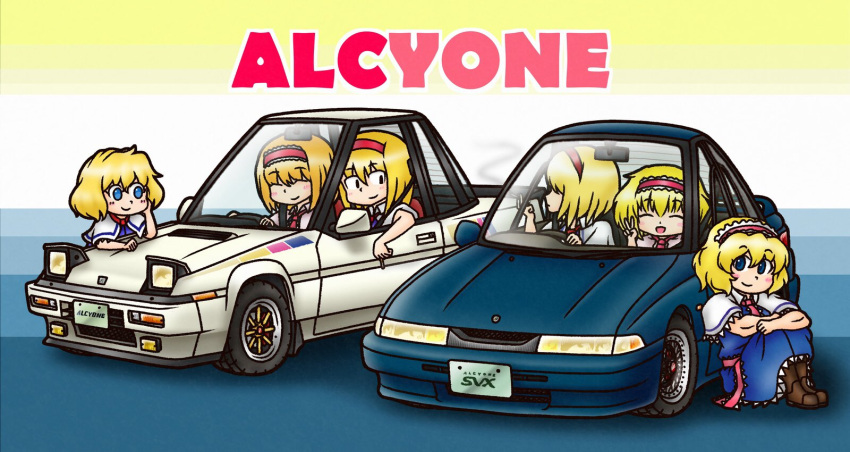 6+girls alice_margatroid black_eyes blonde_hair blue_dress blue_eyes boots brown_footwear capelet car cigarette closed_mouth cookie_(touhou) dress frilled_hairband frills full_body hair_over_eyes hairband headlamp highres hinase_(cookie) holding holding_cigarette ichigo_(cookie) jigen_(cookie) license_plate looking_at_viewer medium_bangs mgrm_ysnr motor_vehicle multiple_girls name_connection necktie open_mouth pink_hairband pink_necktie pink_sash sakuranbou_(cookie) sash short_hair smile subaru_alcyone subaru_alcyone_svx taisa_(cookie) touhou v web_(cookie) white_capelet