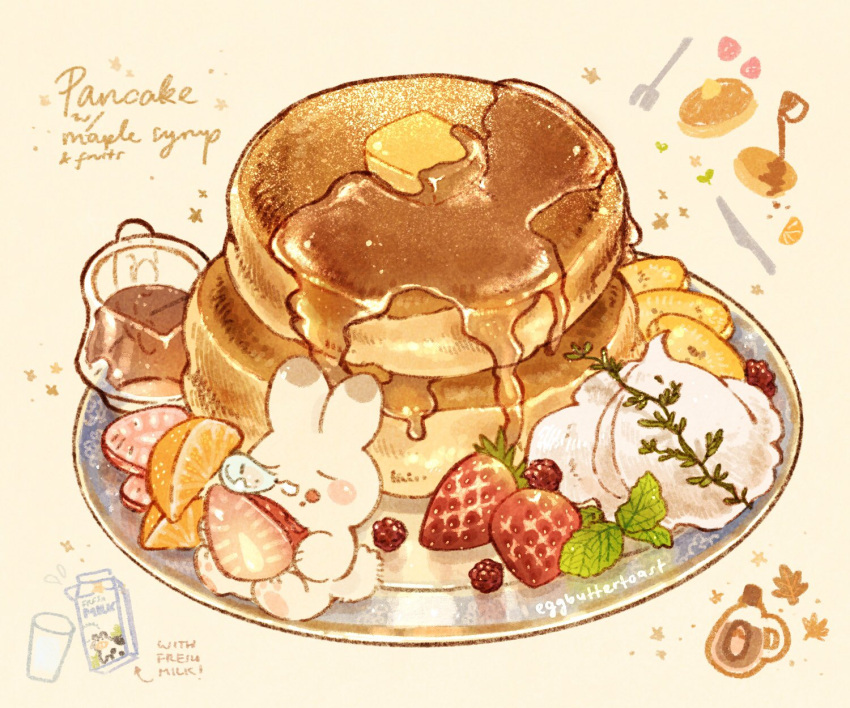 autumn_leaves blush_stickers butter closed_eyes commentary crumbs english_commentary english_text food food_focus fork fruit glass highres holding holding_food holding_fruit leaf maple_syrup nao_(bestrollever) no_humans nose_bubble orange_(fruit) orange_slice original oversized_object pancake pancake_stack plate rabbit raspberry sitting sleeping sparkle star_(symbol) strawberry strawberry_slice whipped_cream yellow_background