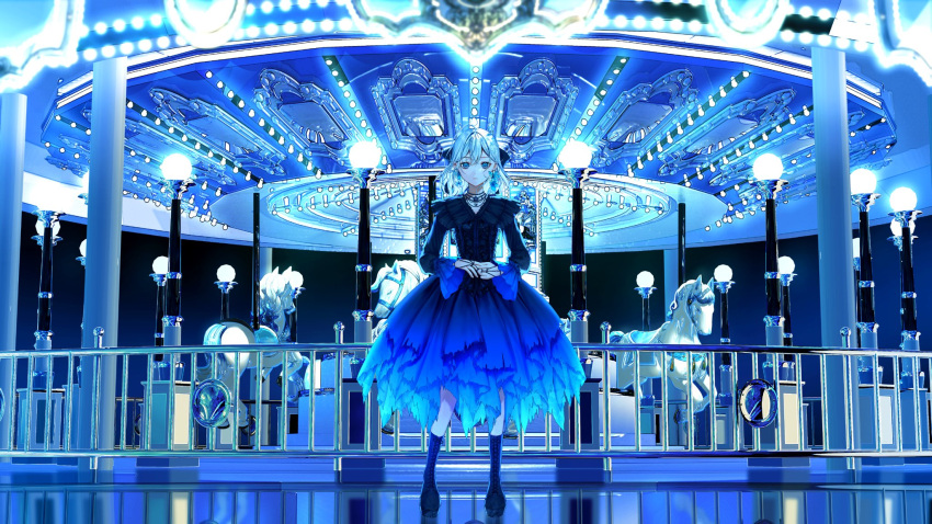 1girl ahoge aqua_eyes bang_dream! black_bow black_dress black_footwear blue_dress blue_gemstone blue_hair blue_theme boots bow butterfly_earrings carousel commentary_request cross-laced_footwear crossed_bangs dress earrings expressionless frilled_dress frilled_sleeves frills full_body gem gradient_dress hair_bow highres jewelry knee_boots kurata_mashiro lamppost necklace nekoyama_iori pearl_necklace pendant short_hair solo standing straight-on