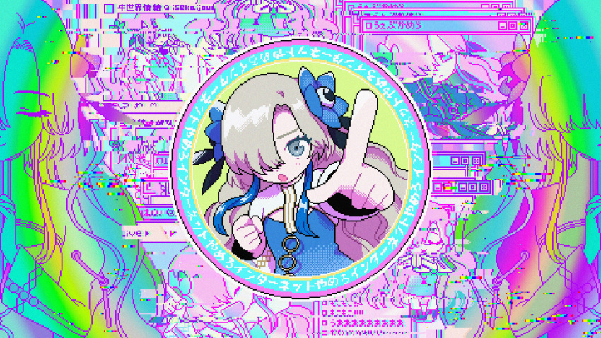 1girl :o ^_^ absurdres blue_dress blue_flower blue_hair character_name chat_log chibi closed_eyes closed_mouth collage_background commentary_request dress expressionless flower glitch grey_eyes grey_hair hair_flower hair_ornament hair_over_one_eye highres internet_yamero internet_yamero_(meme) isekai_joucho juliet_sleeves kamitsubaki_studio light_blush long_hair long_sleeves looking_at_viewer meme multicolored_hair multiple_views narume needy_girl_overdose o-ring one_eye_covered open_mouth own_hands_clasped own_hands_together pixel_art pointing pointing_at_viewer puffy_sleeves rainbow_gradient shrug_(clothing) smile streaked_hair translation_request v-shaped_eyebrows virtual_youtuber white_sleeves window_(computing)