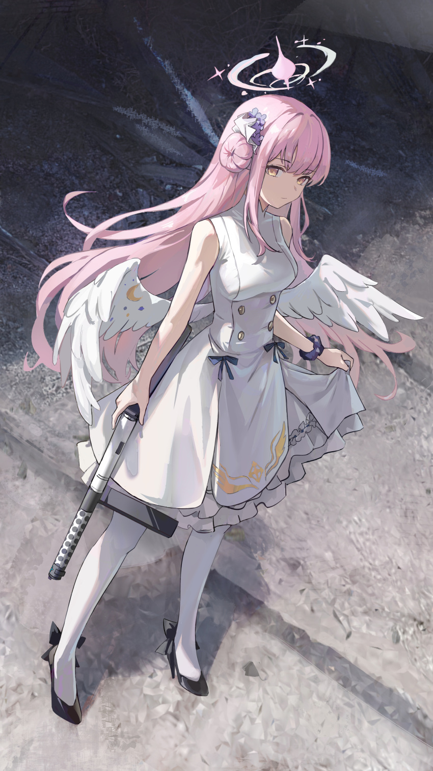 1girl absurdres angel_wings black_footwear blue_archive closed_mouth dress flower gun hair_bun hair_flower hair_ornament halo high_heels highres holding holding_gun holding_weapon kuza_brs lanchester_smg long_hair mika_(blue_archive) pantyhose pink_hair pink_halo purple_flower single_side_bun sleeveless sleeveless_dress solo submachine_gun weapon white_dress white_pantyhose white_wings wings yellow_eyes
