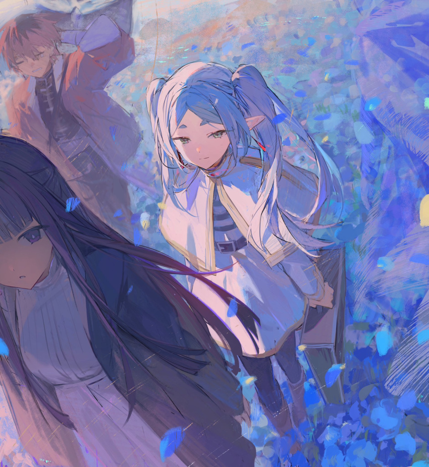 1boy 2girls belt blue_flower cape character_request coat earrings elf fern_(sousou_no_frieren) flower frieren from_above green_eyes highres hime_cut holding holding_suitcase jacket jewelry long_hair multiple_girls nashinashi petals pointy_ears purple_hair red_jacket skirt sousou_no_frieren standing stark_(sousou_no_frieren) suitcase twintails violet_eyes white_cape white_hair white_skirt