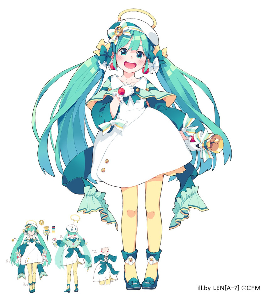 1girl aqua_eyes aqua_hair bell beret blush bow bowtie collarbone color_guide commentary crypton_future_media dress faceless from_behind full_body gloves green_bow green_footwear green_ribbon hair_bow halo hand_on_own_chest hat hatsune_miku highres holding holding_bell len_(a-7) long_hair multiple_views official_art open_mouth pantyhose ribbon simple_background smile standing striped striped_ribbon taito taito_four_seasons_figure_(vocaloid) teeth twintails upper_teeth_only very_long_hair vocaloid white_background white_bow white_dress white_gloves white_headwear white_ribbon yellow_bow yellow_pantyhose